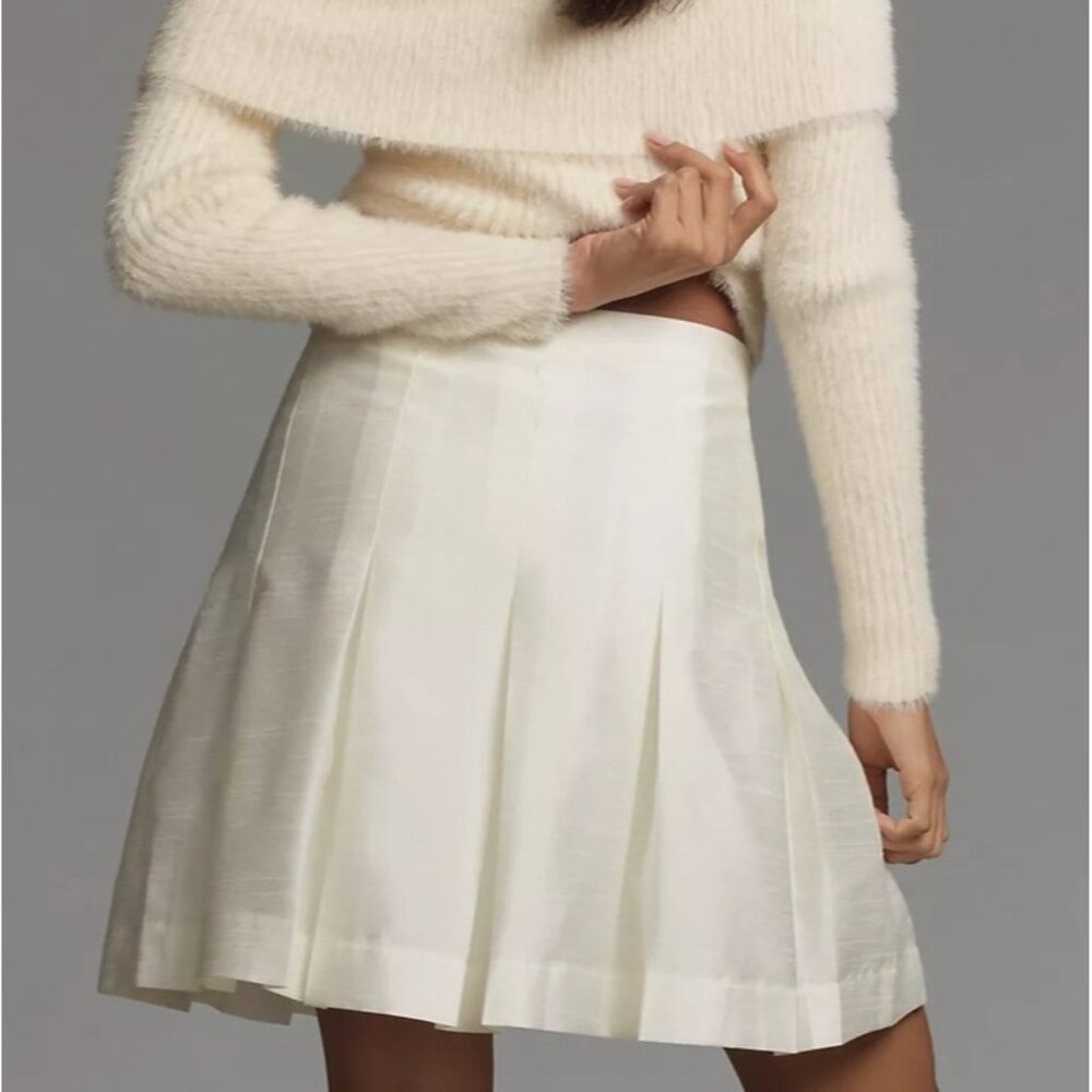 Anthropologie White Pleated Sz 10 Mini Skirt Flared Hem For Women - Picture 2 of 8